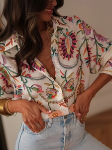 Chemise à imprimé floral bohème pour femmes, style vintage brodé, manches longues, <span class=keywords><strong>chemisier</strong></span> de vacances - Product Image 4