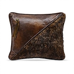 leather cowhide Pillow With Leather Accent Brown Home Decor Cushion - Product Image 1