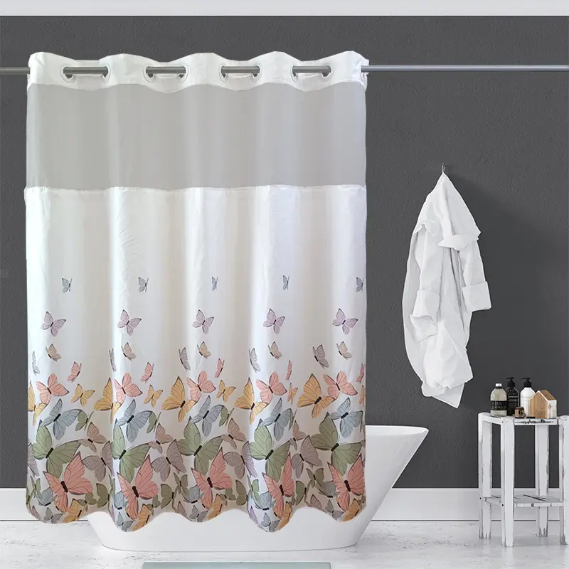 Hotel Grade No Hooks Needed Printed Shower Curtain With Snap In Liner/