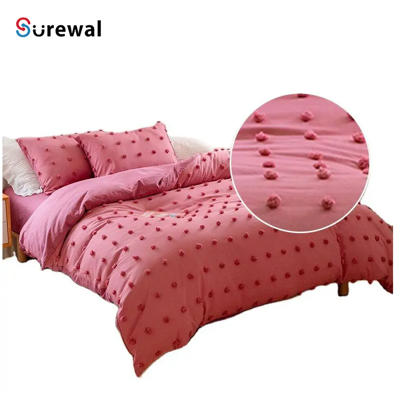 SUREWAL 4pcs washable 100 cotton Bed Sheets Tufted dot boho tassel textured duvet cover bedding set