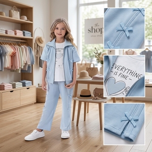 Ensemble 3 pièces décontracté d'été de haute qualité avec veste zippée à nœud décoratif, t-<span class=keywords><strong>shirt</strong></span> orné de strass en forme de cœur et pantalon large - Product Image 2