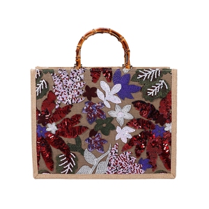 Women Floral Sequins Tote Evening <b>Bag</b> with Bamboo Top Handle Exquisite Embroidered Handbag for Daily <b>Work</b> Travel - Product Image 6