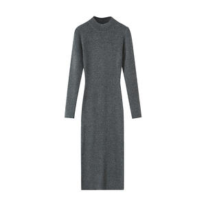 Robe en tricot ajustée à col montant, élégante et sophistiquée, taille plus, couleur unie gris foncé, manches longues, robe pour femmes - Product Image 1