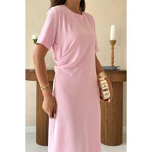 Vestido Casual Diario de Cuello Redondo Plisado Rosa Polvo al por Mayor, con Cintura Natural, Silueta Holgada y Tejido Transpirable - Product Image 2