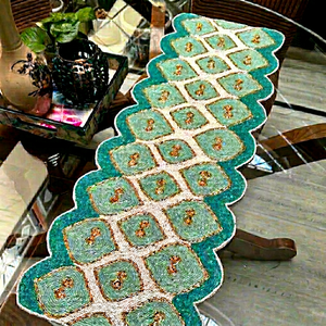 Embroidered Geometric <b>Table</b> <b>Runner</b> <b>Teal</b> White Gold Bohemian Home Decor Washable - Product Image 1