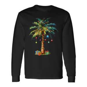 T-shirt à manches longues avec motif de palmier de Noël tropical, avec lumières de Noël et cadeaux - Product Image 1