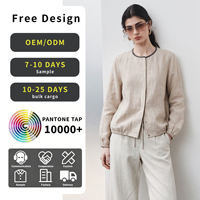 Cardigan en lin naturel pour femme, col rond orné de perles, fermeture à boutons dissimulés, ourlet élastique, chemise décontractée, veste courte