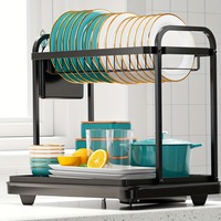 Rak Pengering Piring 2 Tingkat untuk Meja Dapur dengan Alas Tirisan & Tempat Peralatan Makan