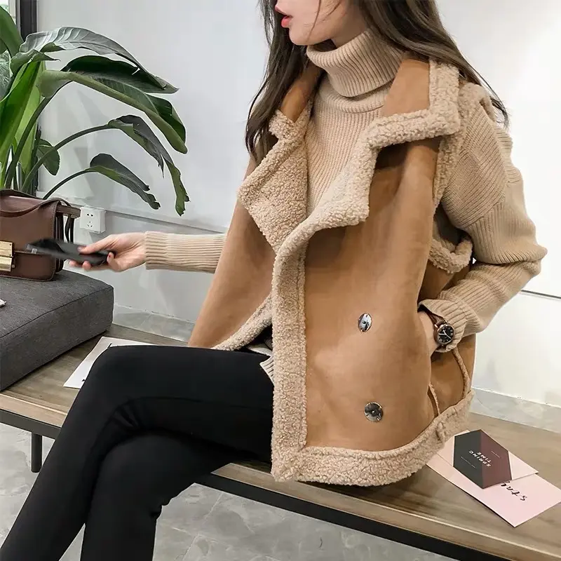 פו שרפה Shearling אפוד נשים סתיו חורף Loose BF מזדמן שרוולים זמש פרווה הלבשה עליונה