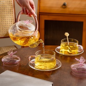 Juego de Té de Vidrio de Borosilicato, Tetera con Asa de Mariposa 3D, Tapa y 2 Platos para Tazas, Regalo para el Té de la Tarde - Product Image 4