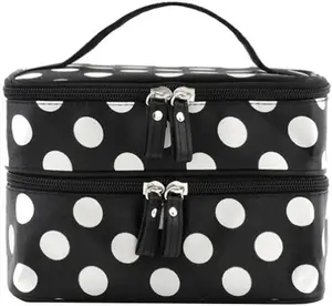女性のための小さな旅行化粧バッグ化粧品オーガナイザーケース、プロの2層ブラックピンクドットトイレタリートレインブラシバッグ