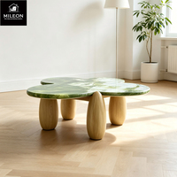 Table basse en marbre vert trèfle à quatre feuilles, pierre naturelle de luxe avec pieds en bois massif, table centrale pour salon