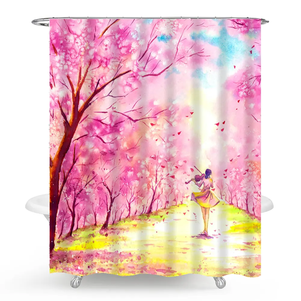 3D digital printing cherry blossom tree down play violin shower curtain for bathroom waterproof shower curtain