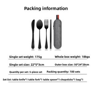 Ustensiles de voyage écologiques en acier inoxydable avec étui, ensemble portable pour le camping et les pique-niques, comprenant couteau, fourchette, cuillère et baguettes - Product Image 2