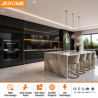 Ensemble d'armoires de cuisine modernes modulaires en laque noire haute brillance personnalisées de luxe avec îlot en marbre