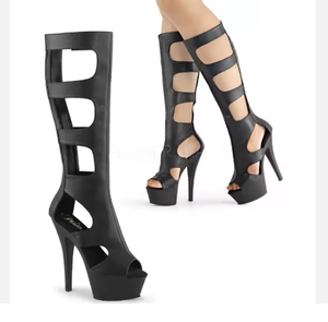 Noir évider Stiletto poisson bouche mode talon haut plate-forme modèle spectacle Sexy pôle danse sandales à talons hauts - Product Image 1