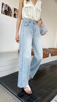 Jean taille haute bleu clair pour femme grande taille, coupe large, longueur ras du sol, boutonné, effet usé, tissu élastique, inaltérable, toutes saisons