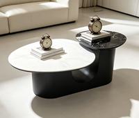 Set Meja Kopi Marmer Modern dengan Bagian Atas Kaca Tempered dan Rangka Logam Hitam Dekorasi Furnitur Ruang Tamu Kontemporer