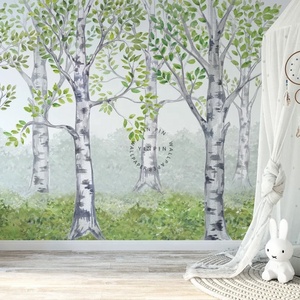 <span class=keywords><strong>Papier</strong></span> <span class=keywords><strong>peint</strong></span> décoratif de dessin animé auto-adhésif de forêt de <span class=keywords><strong>bouleau</strong></span> d'aquarelle - Product Image 4
