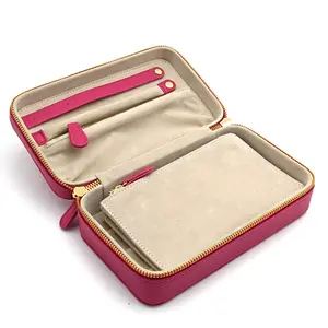 작은 MOQ 핑크 컬러 북 스타일 폐쇄 지퍼와 고급 가죽 보석 상자