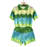 Commerce extérieur transfrontalier Europe États-Unis pour usine directe : Ensemble cardigan tricoté d'été pour femme à col mandarin + short