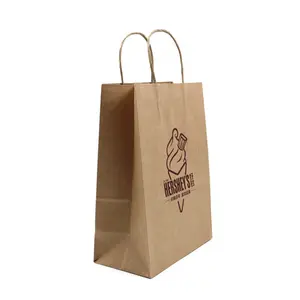 ロゴが印刷された白と茶色のクラフト紙ツイストハンドルショッピングキャリアバッグ