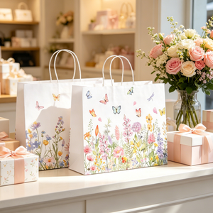 Sacs d'emballage en papier kraft de luxe à grande capacité, imprimés de fleurs et sur le thème de Noël, pour la promotion de vêtements en gros - Product Image 6
