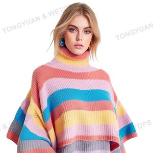 2024 <span class=keywords><strong>pull</strong></span> surdimensionné nouveau tricot personnalisé femmes mode multicolore rayé Colorblock <span class=keywords><strong>col</strong></span> <span class=keywords><strong>roulé</strong></span> Poncho <span class=keywords><strong>pull</strong></span> - Product Image 4