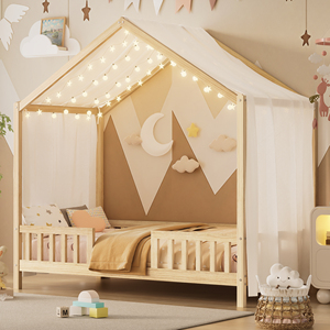 <span class=keywords><strong>Lit</strong></span> de sol Montessori Twin House en bois naturel, cadre de <span class=keywords><strong>lit</strong></span> pour enfants avec baldaquin, toit et barrières de sécurité, pour chambre d'enfant et chambre à coucher - Product Image 1