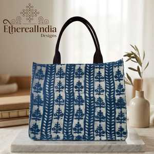 <b>Blue</b> Indigo <b>Rug</b> Tote Bag Block Print Cotton Tote Leather Handle Boho Shoulder Bag <b>Large</b> Everyday Tote - Product Image 2