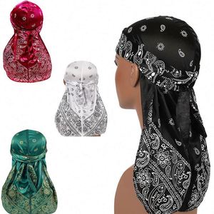 Durag en satin Paisley personnalisé avec logo pour hommes, soyeux, pour ondulations 360, queue extra longue, broderie 3D, turban de créateur Hip Hop - Product Image 1