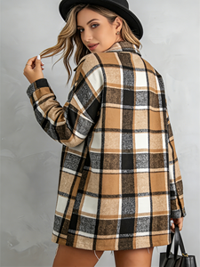 SWEET BABE Chaqueta camisera a cuadros marrón oliva de talla grande para mujer - Abrigo informal de manga larga con botones y solapa, corte holgado - Product Image 3