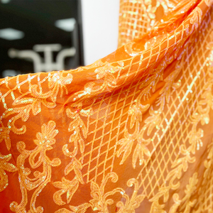 Tissu en maille tricotée extensible <span class=keywords><strong>4</strong></span> directions, motif pailleté 3mm orange vif, dégradé scintillant, pour robes de mariée et de filles, vente en gros - Product Image 3