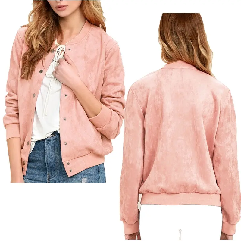 Popular 2022 new round neck long sleeve peach pink jacket suede jacket for women
