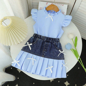 <b>Gold</b> Suppliers Verified Girl Kids <b>Clothes</b> Ruffled Short-sleeved T-shirt Bowknot Denim Pleated Skirt 2Pcs Child <b>Clothes</b> Summer - Product Image 1