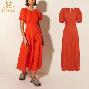 Custom 2024 New Plain Cotton Linen Summer Clothing Waist Slit And Backless Lace Up Maxi Pleated Elegant Casual Women Dresses