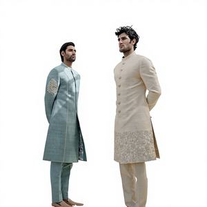 Elegante Conjunto de Pantalón y Sherwani de Seda Cruda con Bordado Zari, Cuentas de Cristal y Trabajo Dabka, y Zapatos a Juego para Bodas - Product Image 1
