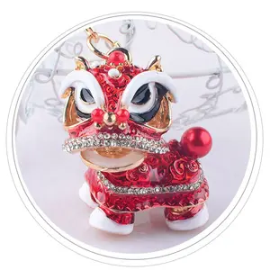 Chinese Festival Rotatable Lion Dance Keychain Crystal Lucky Mascot Key Chain
