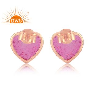 Heart Shape Indian Pink Enamel Stud Earrings Jewelry Wholesale Rose Gold Plated 925 Plain Silver Stud Earrings - Product Image 3