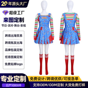 Chucky Cosplay Dress Women's Halloween Costume Blue Printed Backless Dress With Over The Knee <b>Socks</b> Party Outfit - Product Image 4