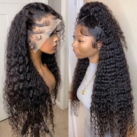 Perruque transparente HD en cheveux humains brésiliens bouclés, double épaisseur, Remy, noir naturel, pour femmes, ondulations aquatiques, longue longueur