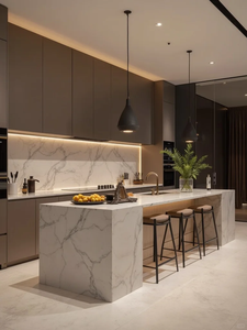 Meubles <span class=keywords><strong>de</strong></span> <span class=keywords><strong>cuisine</strong></span> modernes gris foncé avec comptoir en marbre, finitions haut <span class=keywords><strong>de</strong></span> gamme en verre brillant, îlot <span class=keywords><strong>de</strong></span> salle à manger - Product Image 4