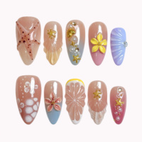 Faux ongles Gentle Island Shell à presser, motif étoile de mer 3D et plumeria, décor peint à la main, acrylique, forme amande, taille moyenne, 10 pièces, personnalisation disponible
