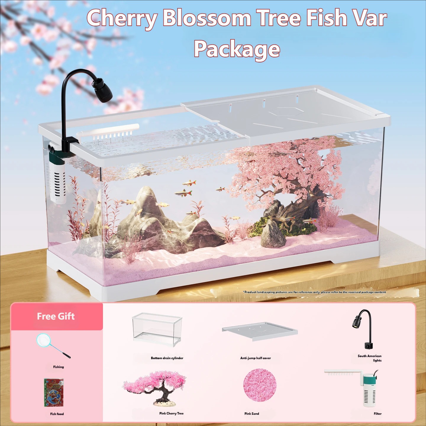 White rain shower filter, fish scoop + food