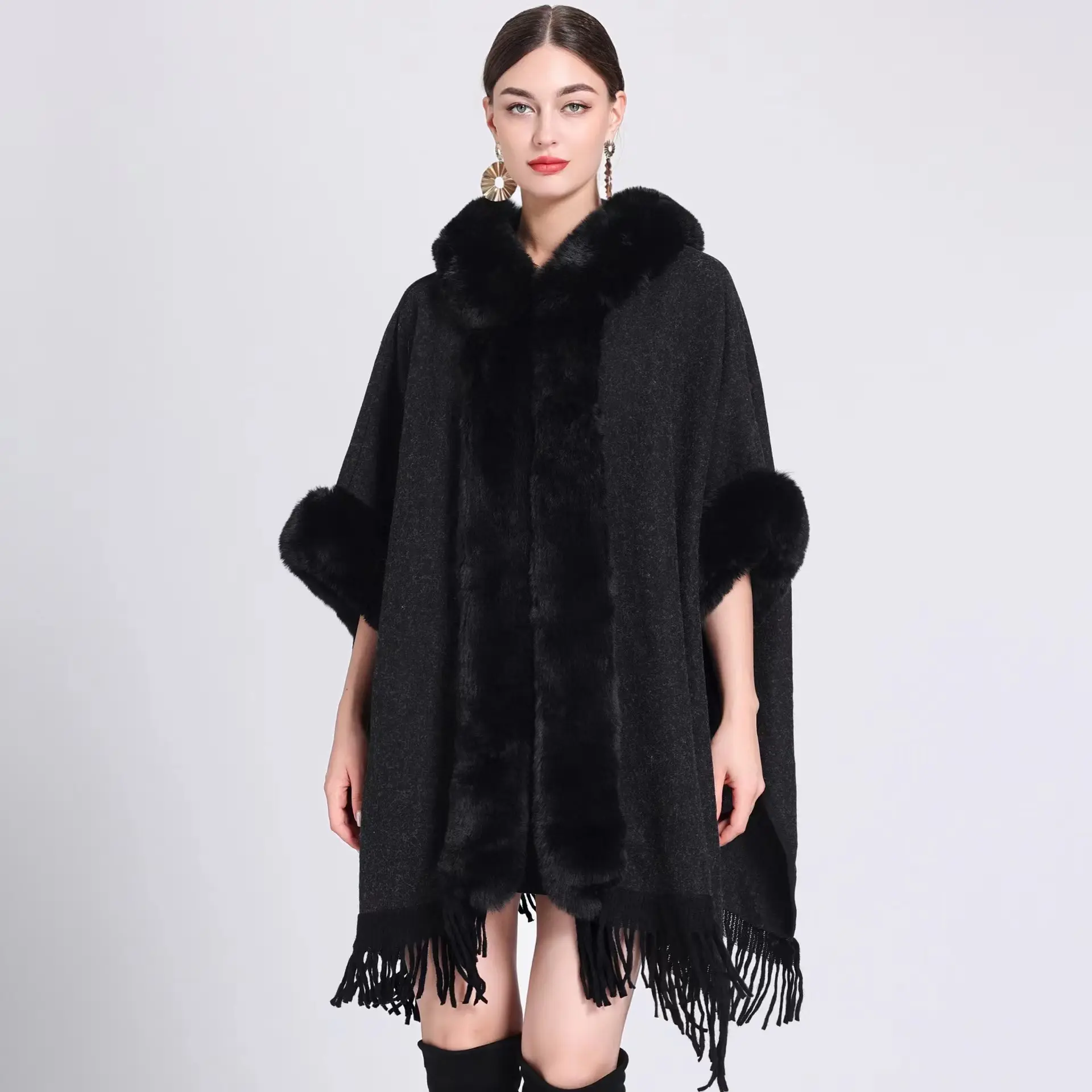 Casaco grande de lã com capuz e gola alta, casaco estilo preguiçoso, chaleco para mulheres, novidade outono/inverno 2023