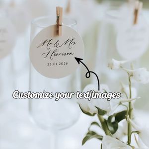 Etiquettes de boissons minimalistes pour mariage avec clips, cartes rondes personnalisées non comestibles |   Fournitures d'étiquettes pour boissons de fête - Product Image 2