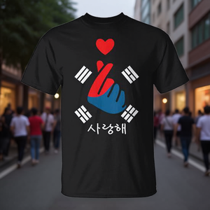 Maglietta Saranghae unisex a maniche corte con scollo rotondo, stampa digitale, design con cuore a dita e bandiera coreana, abbigliamento promozionale - Product Image 2