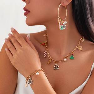 Offre Spéciale noël plaqué or ensemble de bijoux arbre de noël bonbons pentagramme pendentif collier Bracelet boucles d'oreilles femmes - Product Image 1