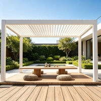 Pergola d'hôtel motorisée en aluminium à toit à lames orientables, étanche, résistante au vent, avec capteur de pluie, télécommande intelligente et bandes lumineuses LED