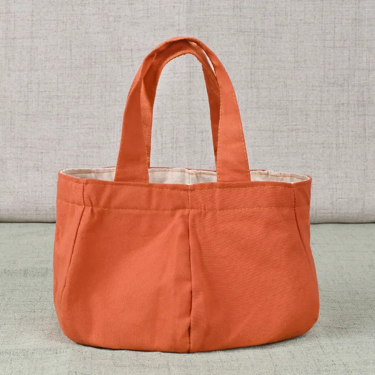 新しいデザインのランタン型ポータブルコットンキャンバスショッピングトートバッグ裏地付きかわいい日本のランチバッグ